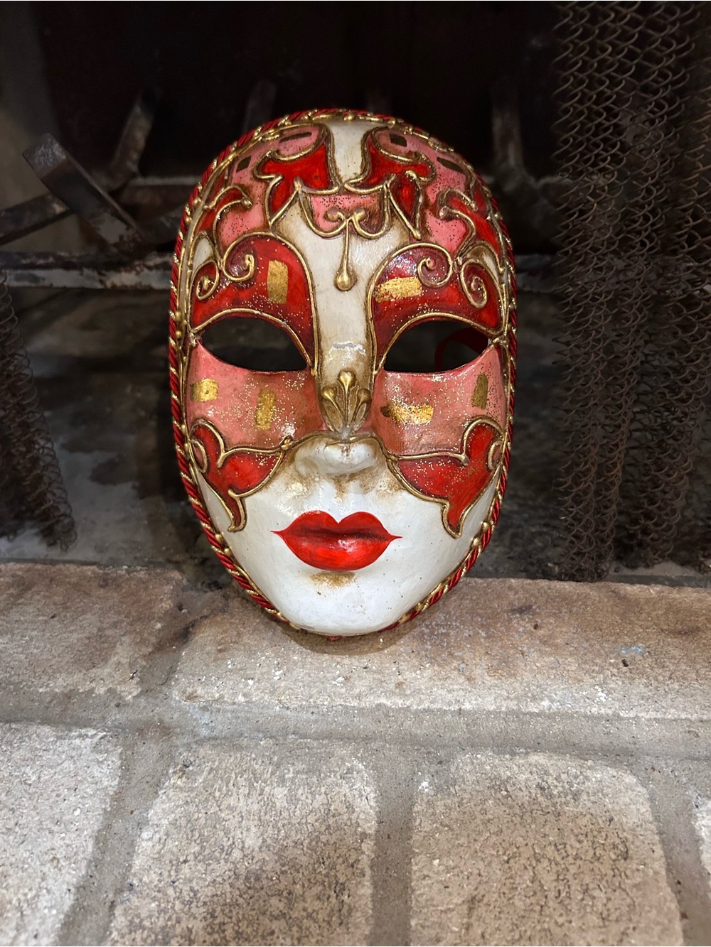 Hand-Painted Red and Gold Venetian-Style Decorative Mask EUC